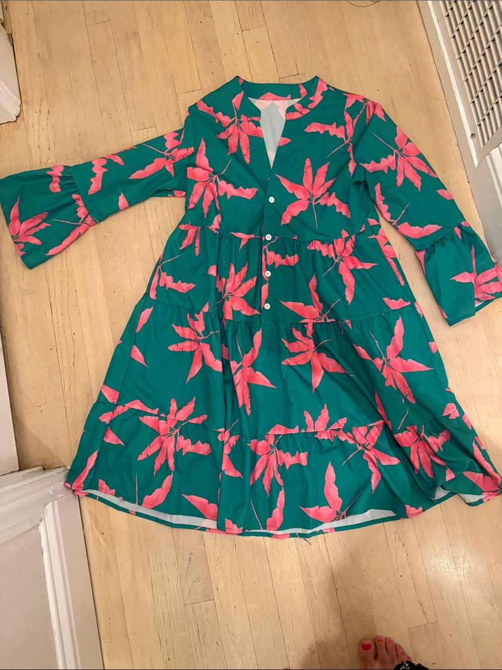 Women’s Green Dress with Pink Floral Print